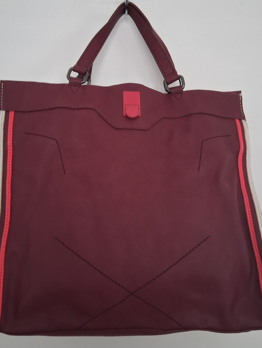 BCBG Structured Tote Bag in Burgundy with Coral Trim